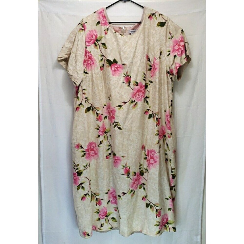 Jessica London Floral Linen Blend Dress Size 34W Pink Rose Cream Plus Size Lined
